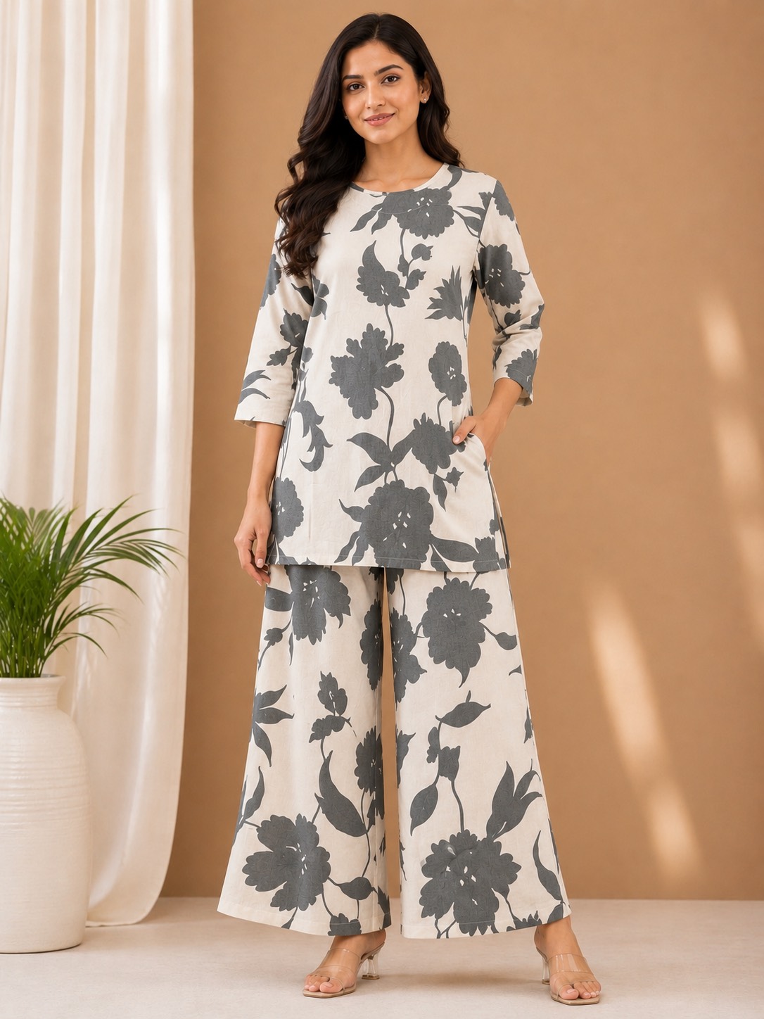 Elegant Floral Cotton Kurti and Palazzo Set with floral patterns in Surat