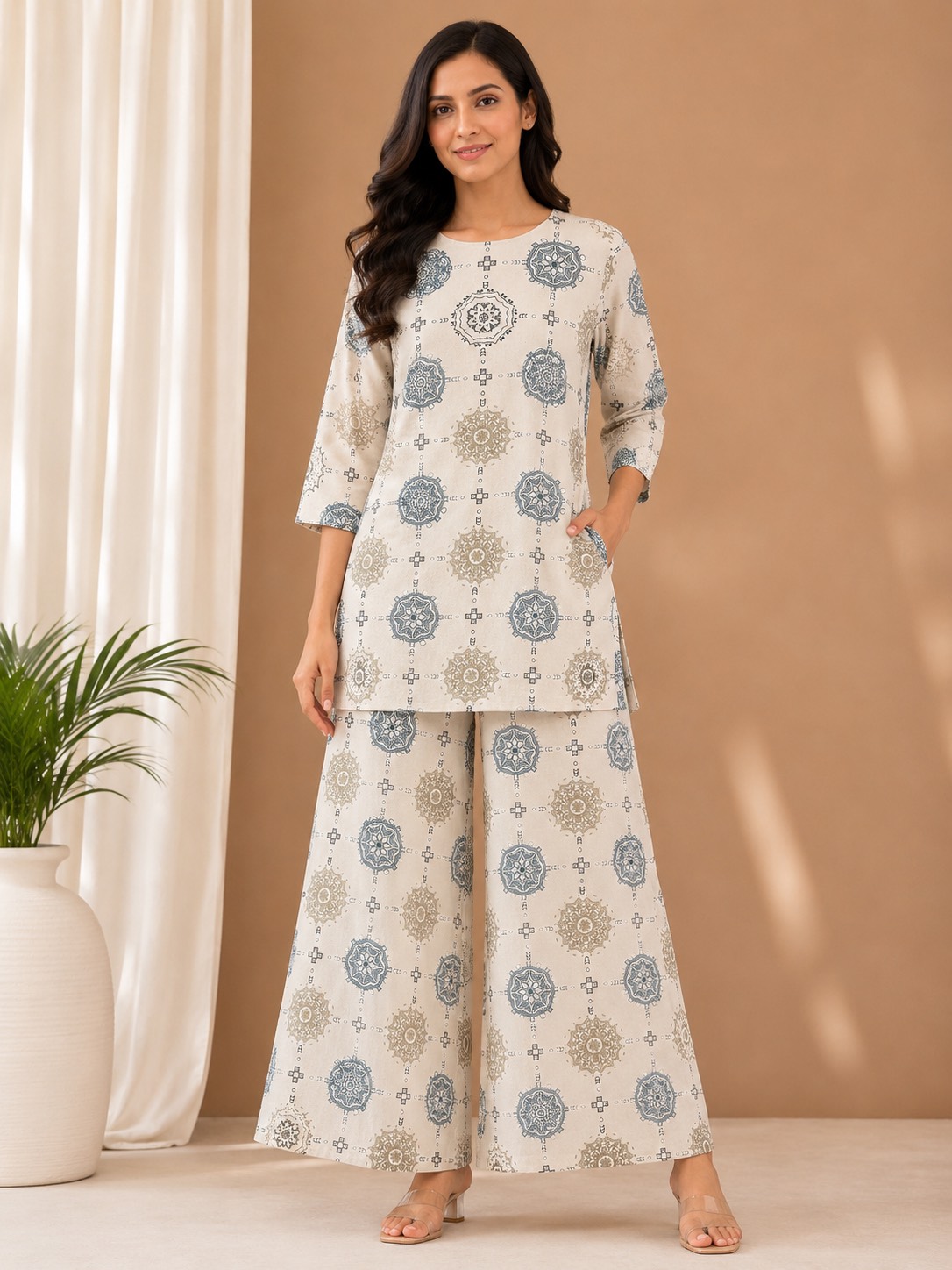 Elegant Floral Kurta and Palazzo Set in beige with floral design, Surat