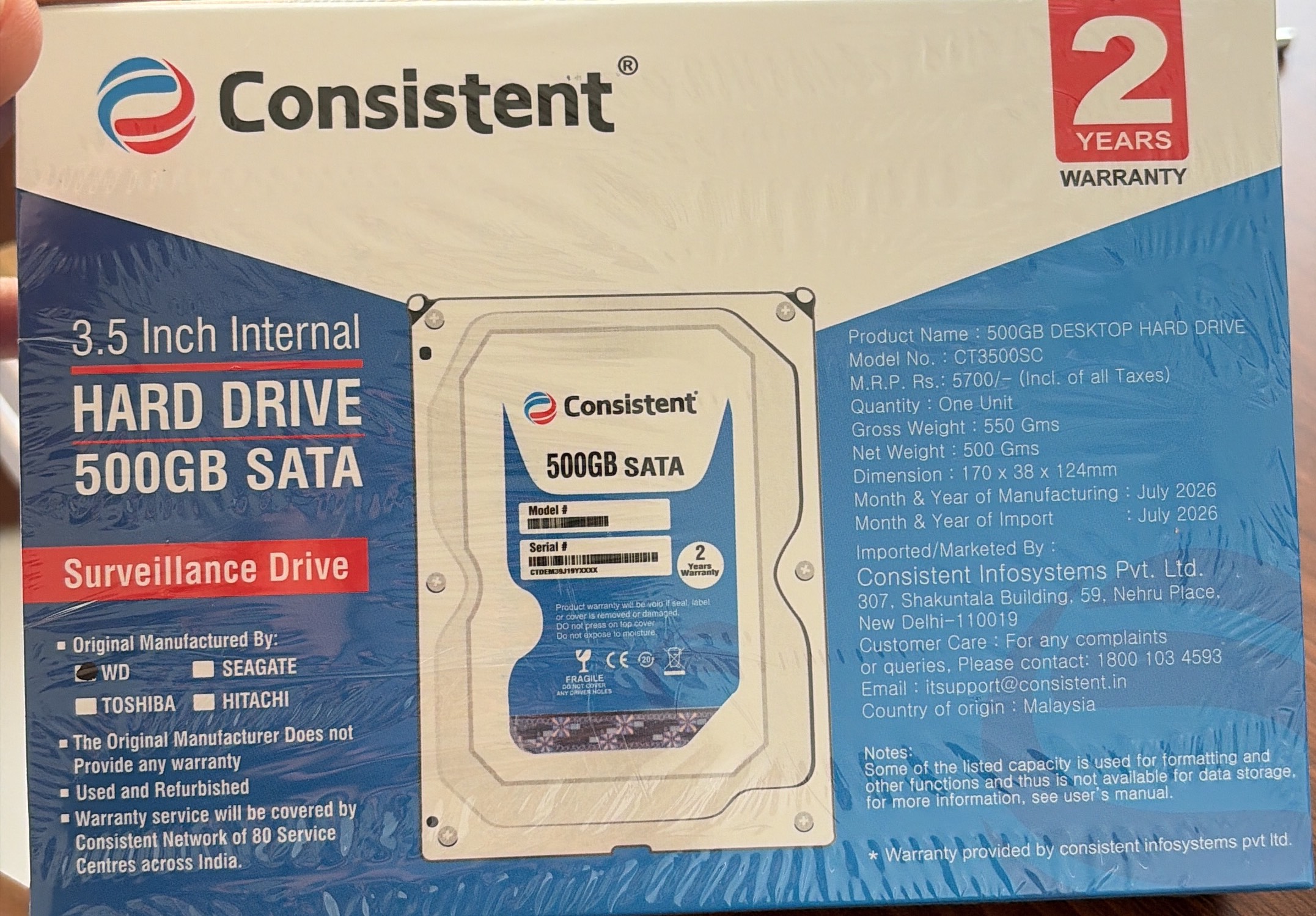 500GB SATA Hard Drive displayed on a table in Faridabad - Image 2