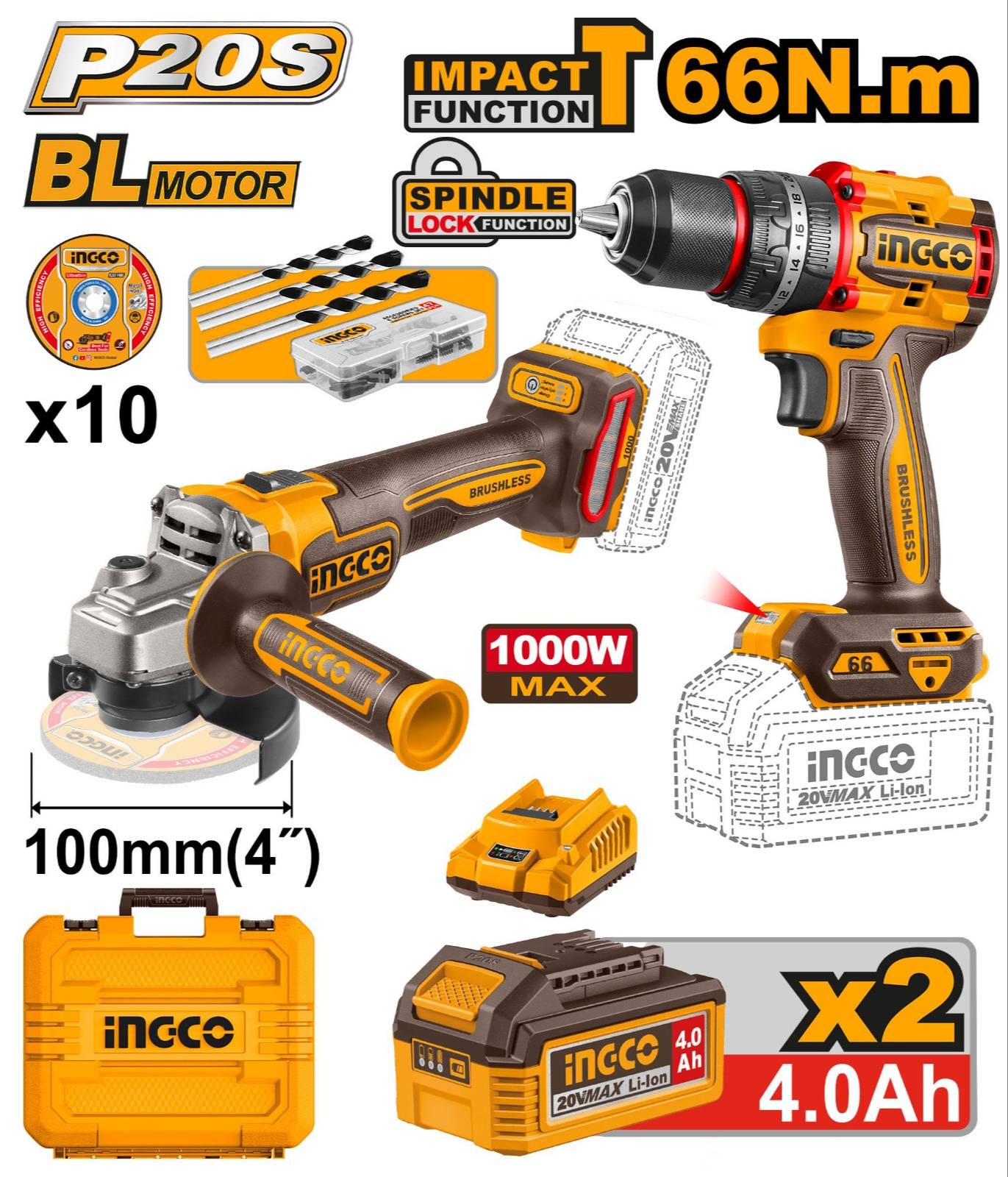 Ingco Cordless Power Tool Set displayed with tools in Udaipur, featuring a drill and grinder