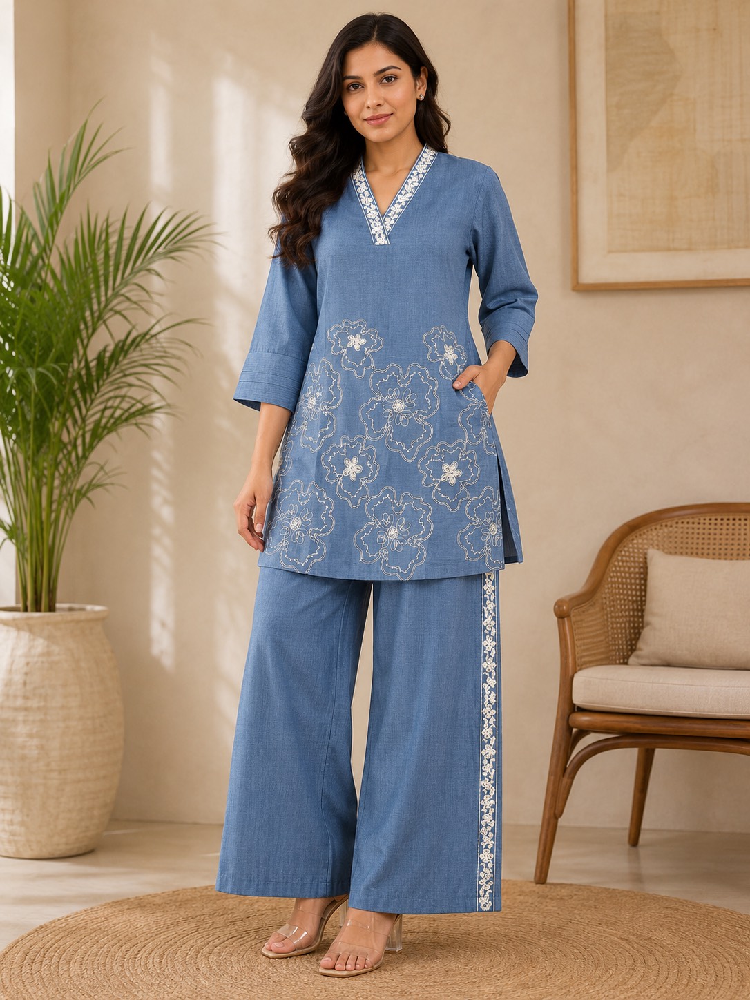 Stylish denim blue kurta set with floral embroidery and palazzo pants in Surat