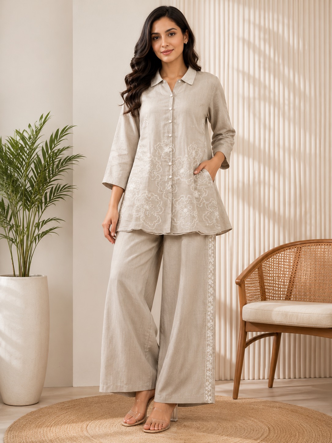 Elegant beige embroidered kurta set with palazzo pants available at POOJA NX in Surat