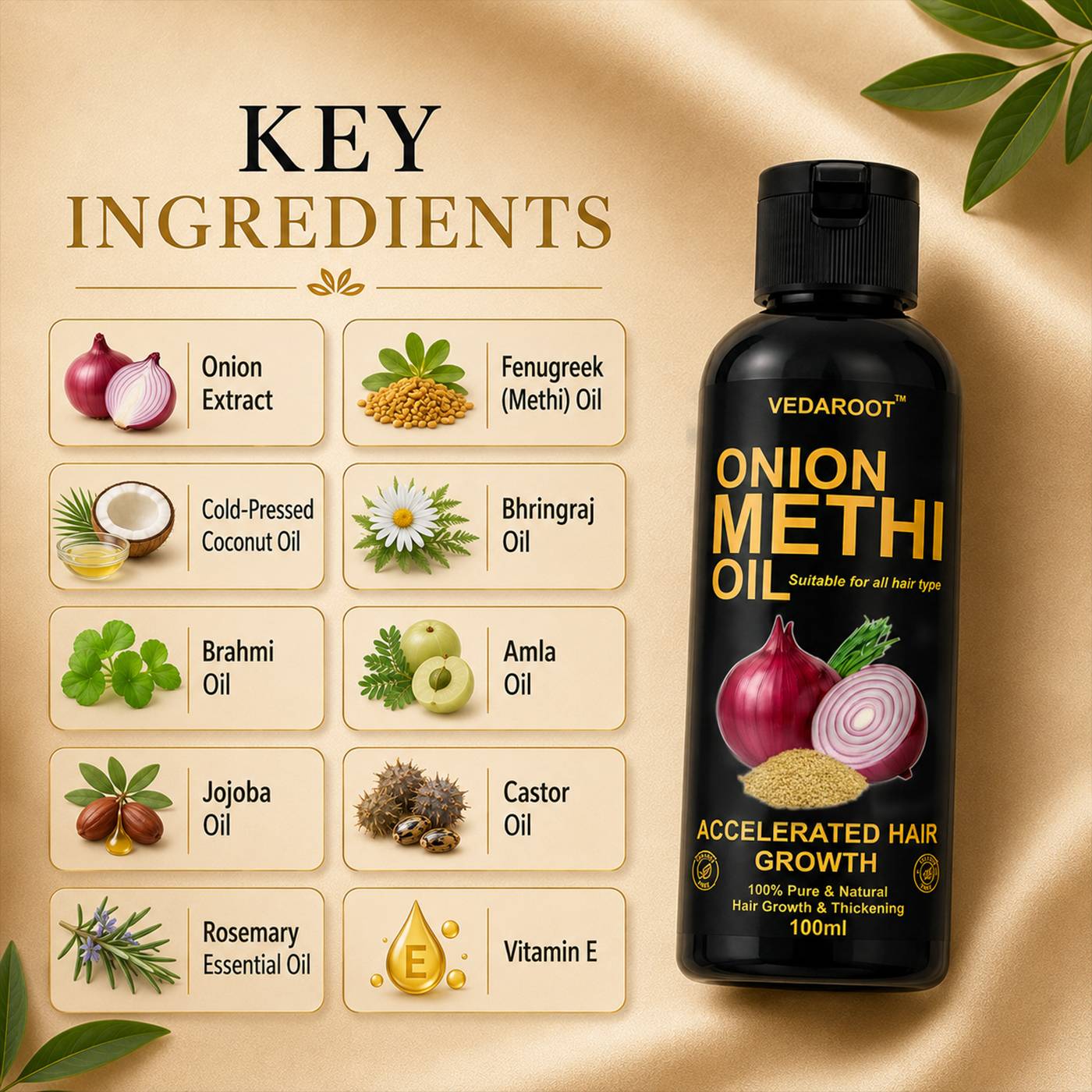Nourishing Onion Methi Hair Oil bottle with ingredients, Shahabad Markanda