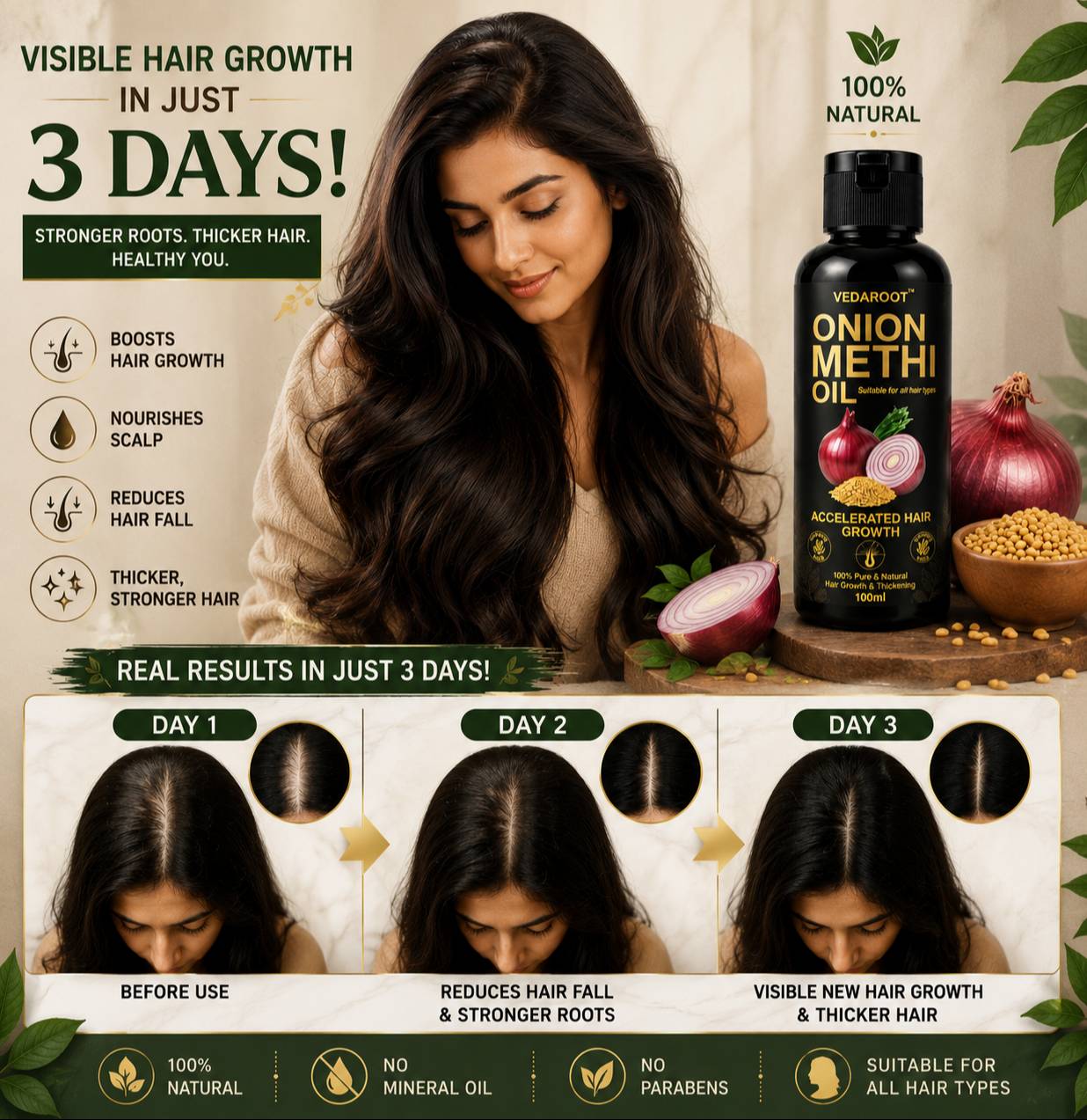 Nourishing Onion Methi Hair Oil bottle with ingredients, Shahabad Markanda - Image 1