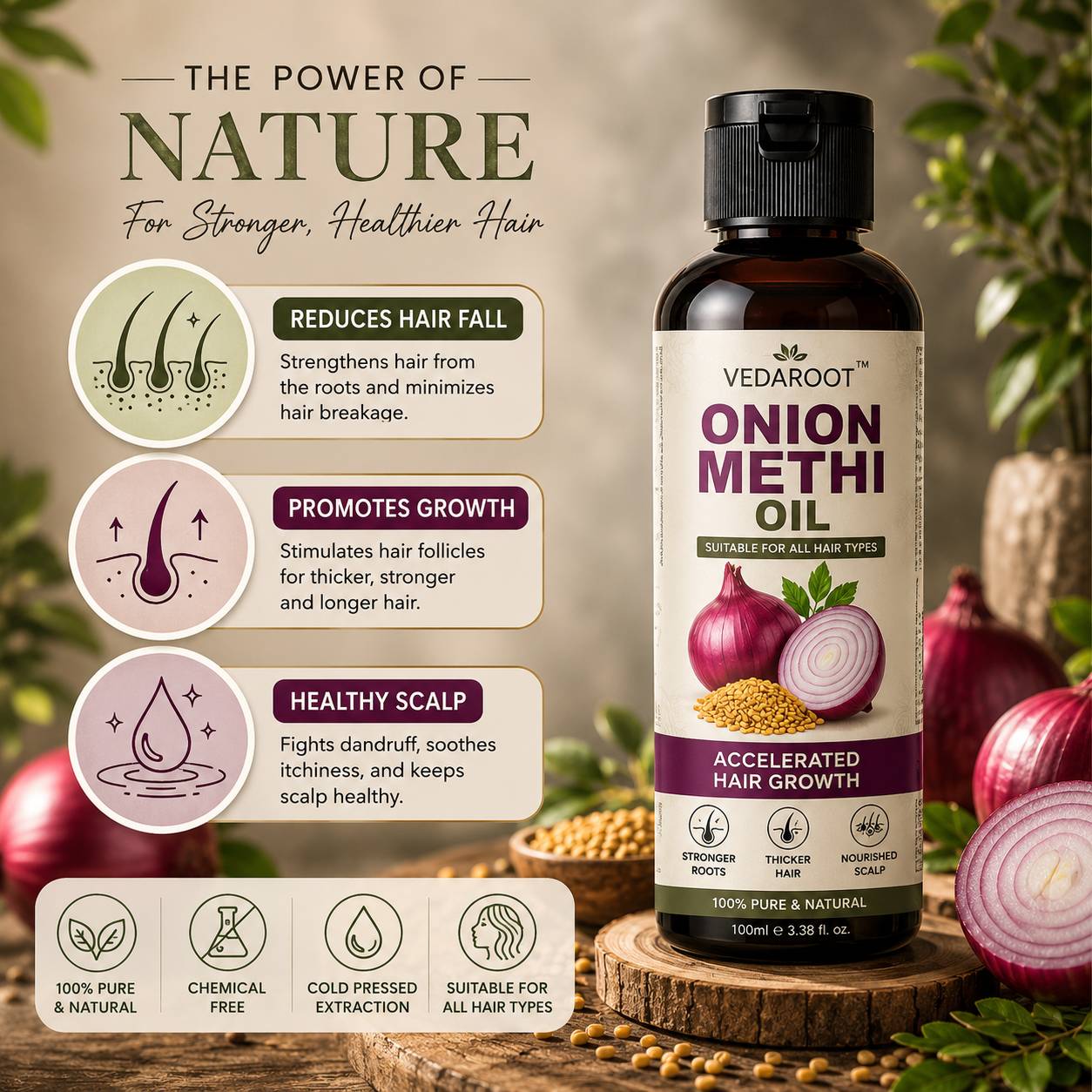 Nourishing Onion Methi Hair Oil bottle with ingredients, Shahabad Markanda - Image 2