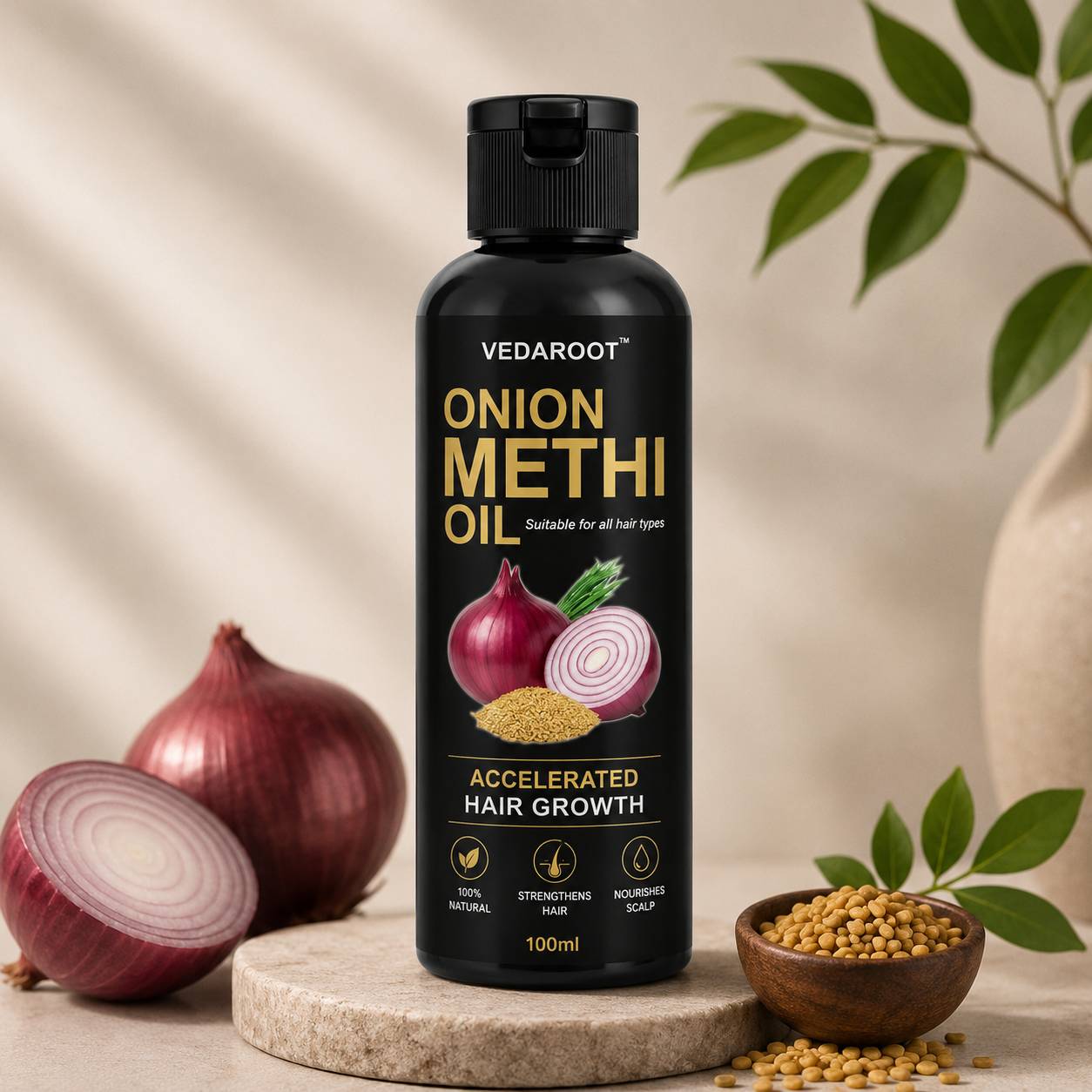 Nourishing Onion Methi Hair Oil bottle with ingredients, Shahabad Markanda - Image 3