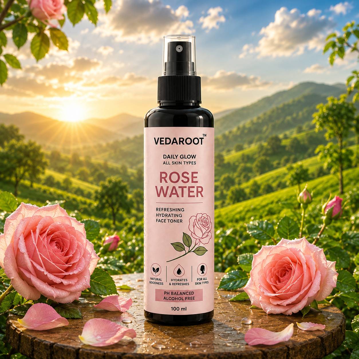 Daily Glow Rose Water bottle displayed with a floral background, Shahabad Markanda