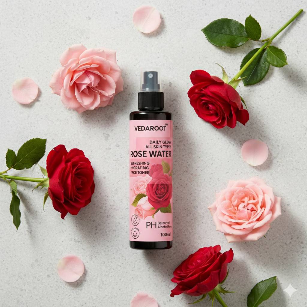 Daily Glow Rose Water bottle displayed with a floral background, Shahabad Markanda - Image 1