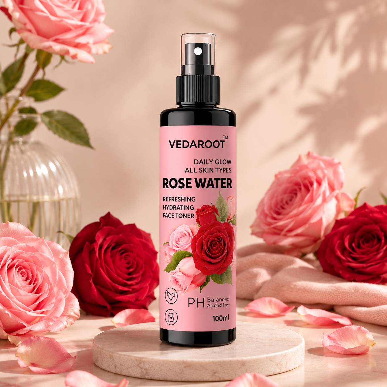 Daily Glow Rose Water bottle displayed with a floral background, Shahabad Markanda - Image 2
