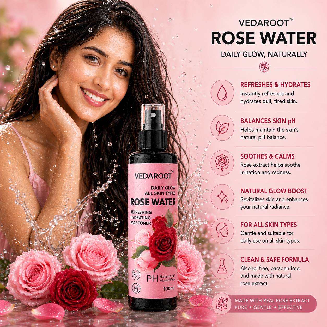 Daily Glow Rose Water bottle displayed with a floral background, Shahabad Markanda - Image 3