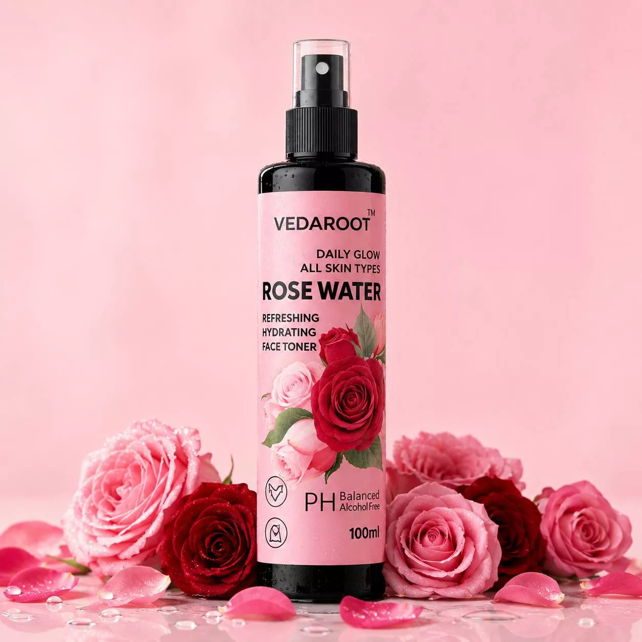 Daily Glow Rose Water bottle displayed with a floral background, Shahabad Markanda - Image 4