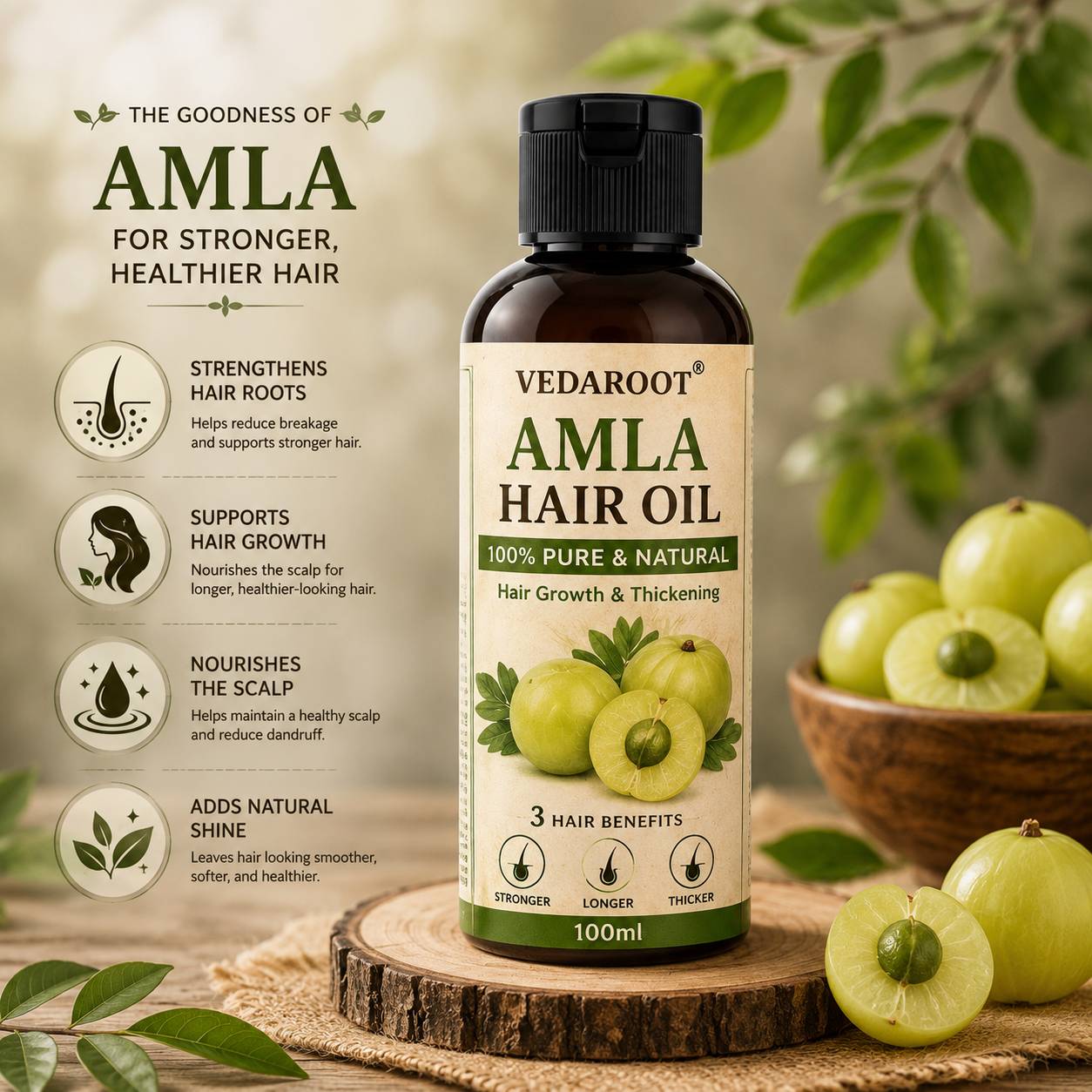Vedaroot Amla Hair Oil bottle on a wooden surface with green leaves in Shahabad Markanda