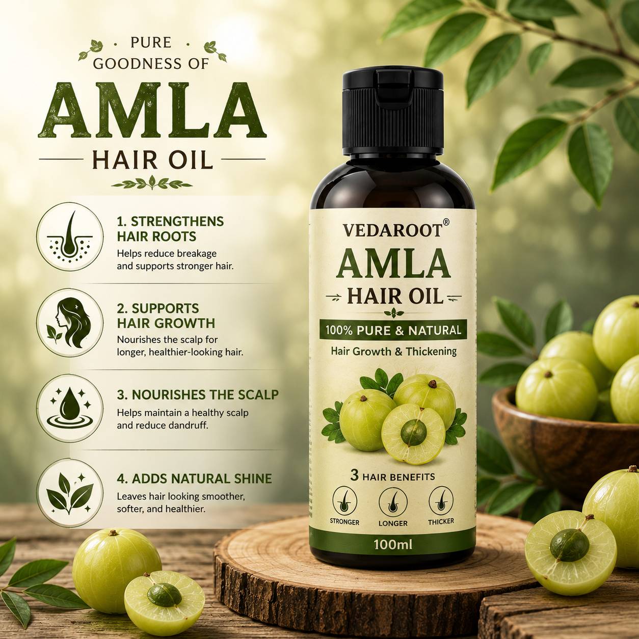 Vedaroot Amla Hair Oil bottle on a wooden surface with green leaves in Shahabad Markanda - Image 1