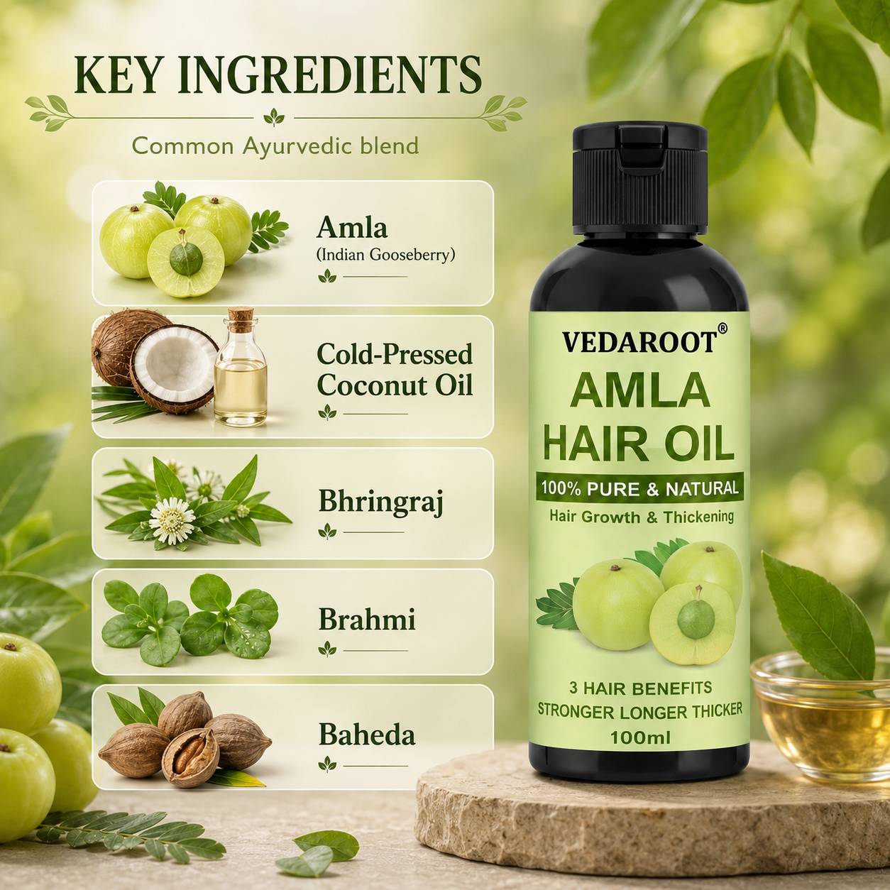 Vedaroot Amla Hair Oil bottle on a wooden surface with green leaves in Shahabad Markanda - Image 2