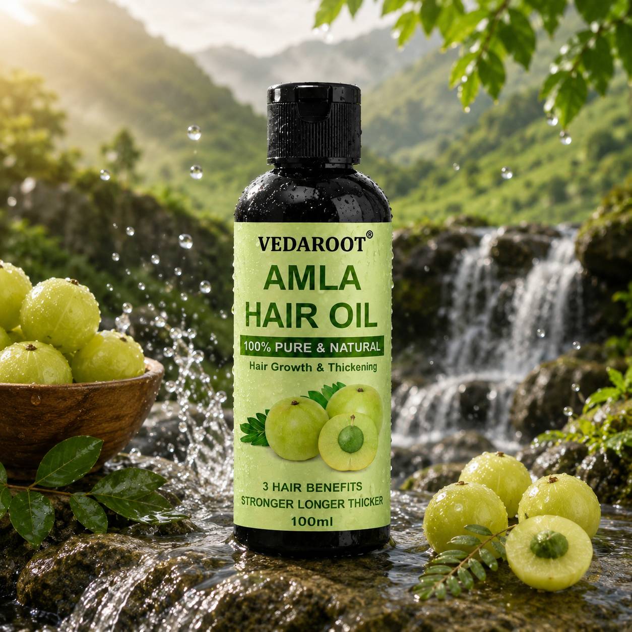 Vedaroot Amla Hair Oil bottle on a wooden surface with green leaves in Shahabad Markanda - Image 3