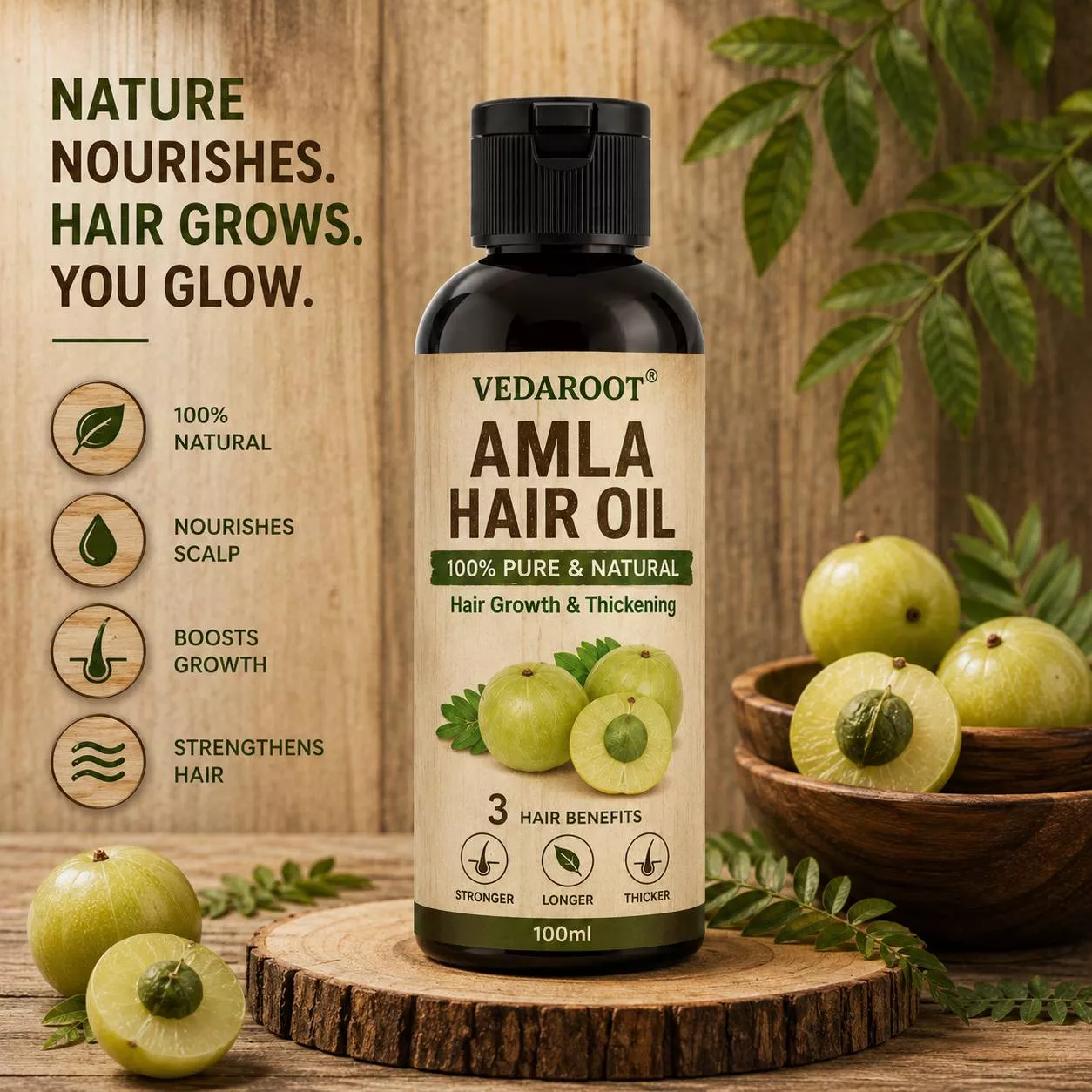 Vedaroot Amla Hair Oil bottle on a wooden surface with green leaves in Shahabad Markanda - Image 4
