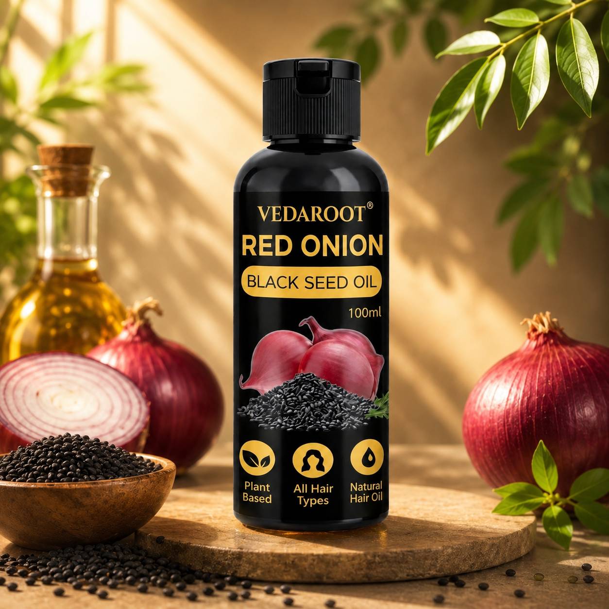 Red Onion Black Seed Hair Oil bottle displayed on a shelf in Shahabad Markanda
