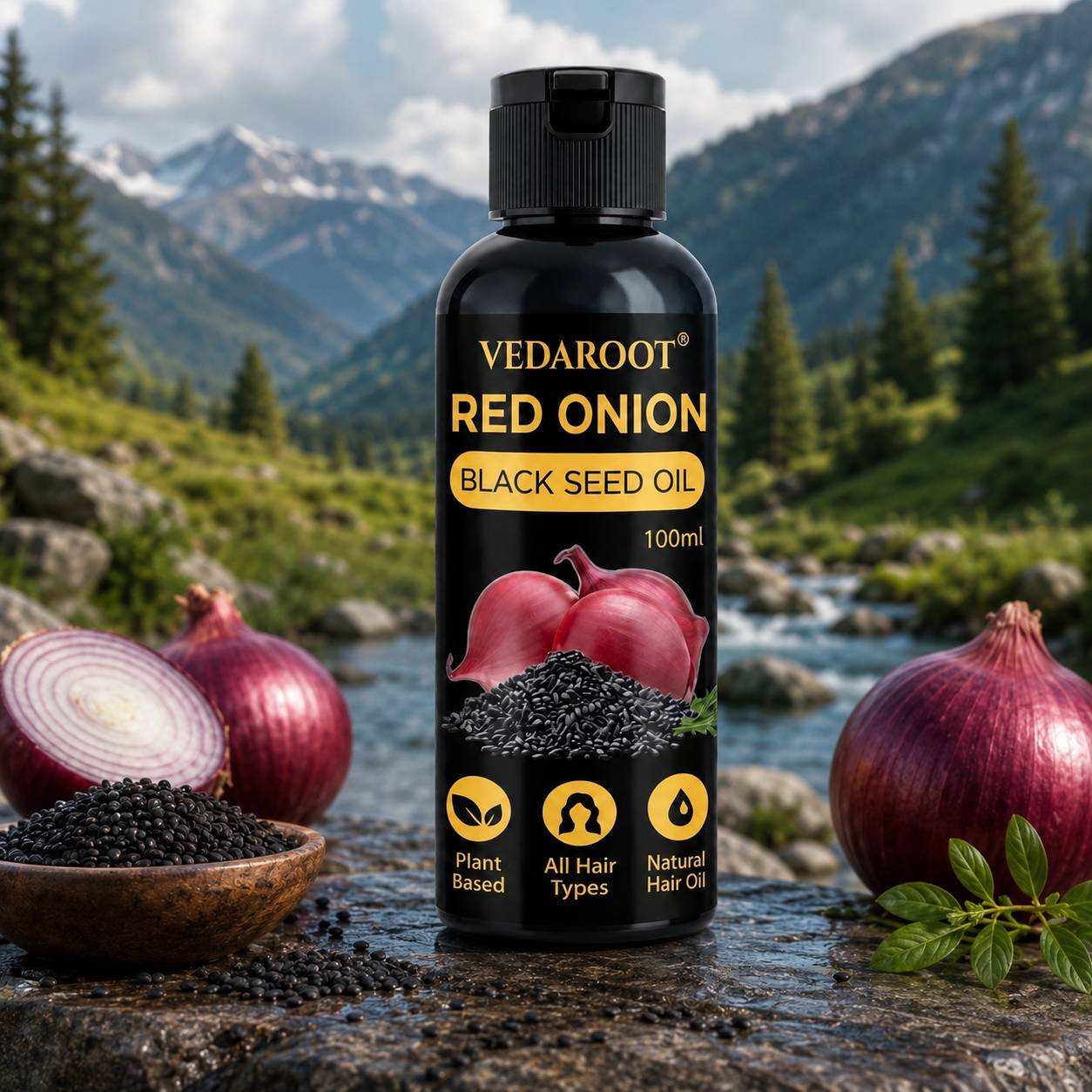 Red Onion Black Seed Hair Oil bottle displayed on a shelf in Shahabad Markanda - Image 2