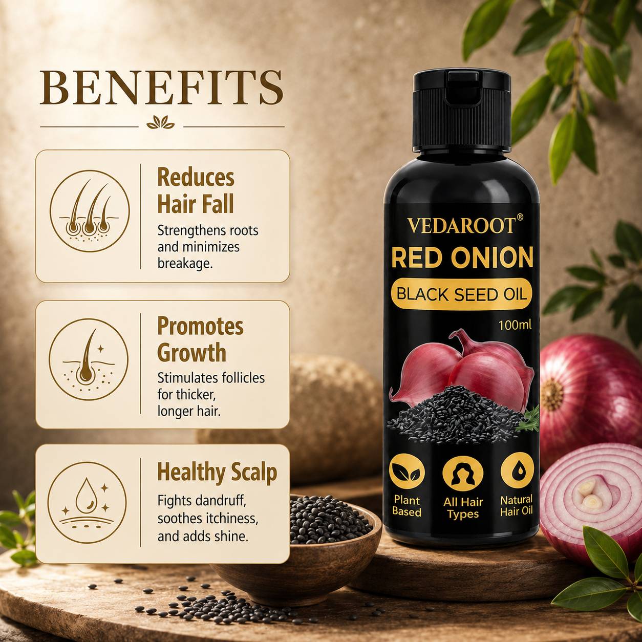 Red Onion Black Seed Hair Oil bottle displayed on a shelf in Shahabad Markanda - Image 3